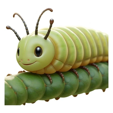 Beautiful and Majestic Caterpillar Portrait Emoji, Head and body rendered in serene repose with a gentle, content smile, showcasing a delicately segmented form with softly textured hues and eyes peacefully closed in tranquil slumber, Simplified yet exquisitely endearing features, highly detailed, glowing with a soft, drowsy natural light, high shine, relaxed and utterly noble, stylized with an air of graceful metamorphosis, soft glowing outline, capturing the essence of a beautiful and majestic caterpillar that embodies the quiet promise of transformation! sticker