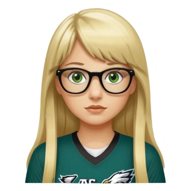 long blonde hair with bangs black glasses female green eyes football player wearing eagles jersey number 33 sticker