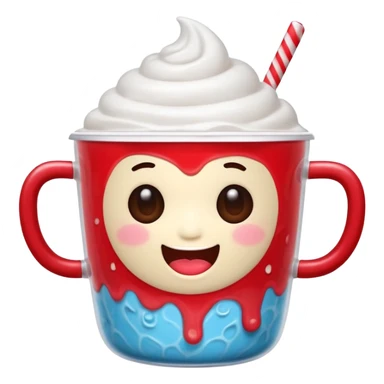 expressive LINE emoji of cute shaved ice character in a see-through MEGA COFFEE cup, red beans and milk drizzle, round eyes, chubby cheeks, joyful expression sticker