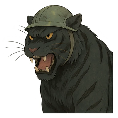 ghibli style illustration of a big black tiger, angry, wearing a helmet sticker