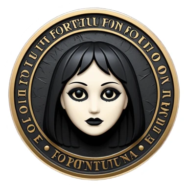 Emoji style, luxury gothic coin made of blackened metal, “FORTUNA” engraved in refined fashion typography, heavy sculptural form, subtle worn metal texture, avant-garde editorial aesthetic, no glow, no neon, flat emoji design, centered, transparent background sticker