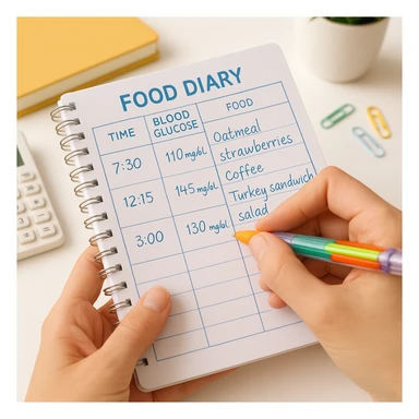 close-up of a female hand holding a food diary with notes on blood glucose and foods, colorful pen, organized atmosphere, realistic details, bright background sticker