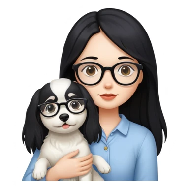 A girl with long black hair and glasses holding a white dog sticker