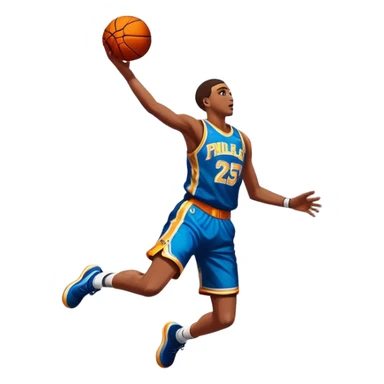 An icon featuring a basketball court with players in action, inspired by NBA 2K25. A player jumps for a dunk, with the ball mid-air. Bright lights illuminate the court, symbolizing the excitement of sports simulation games. Transparent background emphasizes the energy. sticker