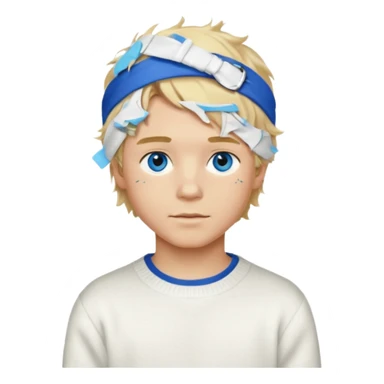 Create a look for a blond boy with long, tousled hair, light eyes, a white sweater, a wealthy appearance, blue eyes, and accessories like a Rolex or Cartier watch, and a cute face with messy hair down. blue eyes + headband white sticker