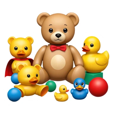 colorful children's toys scattered - teddy bear, yellow duck, wooden blocks, red ball, superhero figure sticker