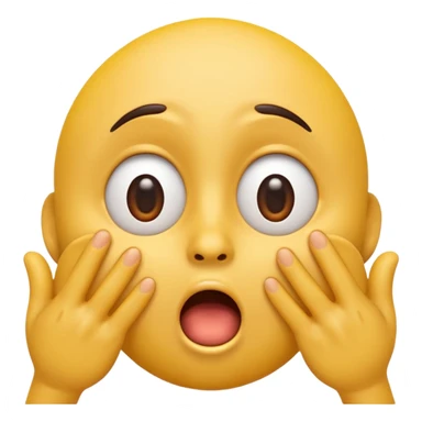 A 3D glossy yellow emoji of a shocked horrified face with no nose, with mouth and eyes are wide open, eyebrows  raised, and hands against their cheeks, black background, high quality, soft studio lighting sticker