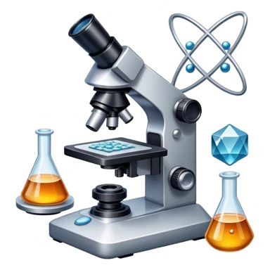 An icon featuring an electronic microscope, a metal alloy, atomic structure symbols, and a crystal structure, symbolizing materials science. The design includes different materials like metals, ceramics and polymers, alongside a stamp representing testing and quality control. Transparent background sticker