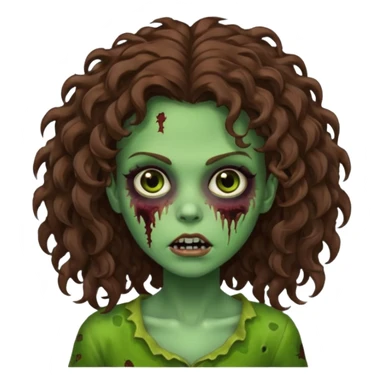 Faça uma garota zombie de cabelo cacheado castanho, olhos castanhos escuro e pele verde d zombie, com o cabelo grande sticker