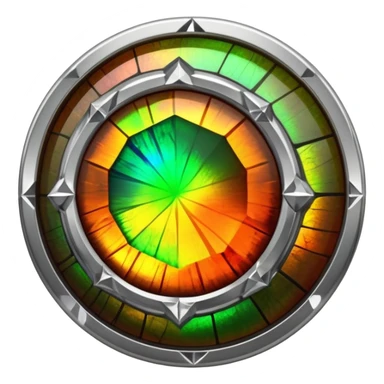 extra close-up round cut ammolite gemstone with holographic effect, silver metal accent, focus on gem facets sticker