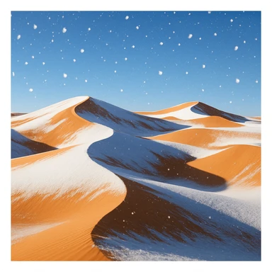 snow falling in a desert landscape, sand dunes with a layer of snow, clear sky sticker