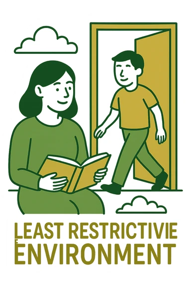 least restrictive environment, professional style, green gold and white color scheme, bold and clear, suitable for digital use sticker