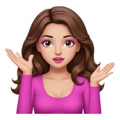girl with long wavy brown hair, brown eyes, long lashes makeup, sexy pink lips, light to medium complexion, pink sexy top, two hands up, shrugging sticker