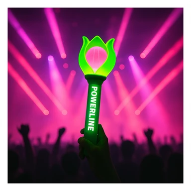 green and pink K-Pop lightstick with 'POWERLINE' on the handle, dramatic concert lighting, crowd silhouettes sticker