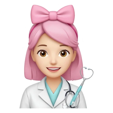 oji style illustration of a female dentist, friendly and smiling, wearing a white coat, with a small pink bow on her head, representing oral cancer awareness, caring and healing, soft colors, simple design, flat illustration, white background. sticker