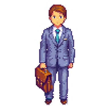 8-bit pixel art icon of a recruiter Mega Man style with a suit and tie holding a briefcase standing confidently sticker