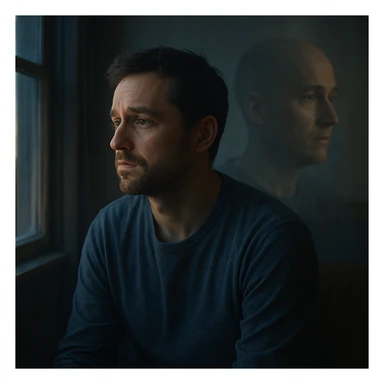 A thoughtful man sitting alone in a quiet room at dusk, gazing into the distance with an introspective, emotional expression. A faint ghostly double exposure in the background shows an alternate version of himself, symbolizing a 'what if' shaped by a life-changing diagnosis. Cinematic, emotional realism, soft lighting, symbolic duality, quiet sadness and wonder, hyperrealistic 4K. sticker
