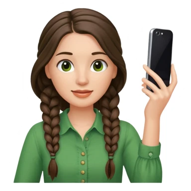 brunette long braided haired woman with green blouse holding her phone having selfie sticker