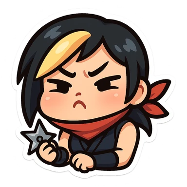 Sexy chibi ninja girl with black short hair and a blonde streak, only head and arms, colorful chibi style with bold outlines, transparent background, no mask, pouting face with puffed cheeks and furrowed brows, sized for Twitch emoji use. sticker