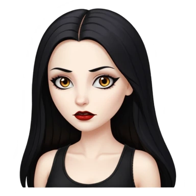 White woman with a white tank top long black hair glossy middle part straight long hair vampire look  brown eyes eyeliner winged with lashes top and bottom white border big lips black eyebrows sticker