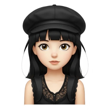 pinterst girl with heavy bang, black long hair and black color newsboy cap on her hat, wearing black color lace sleeveless  sticker