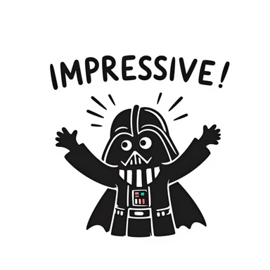 Darth Vader holding his hands above his head and saying IMPRESSIVE, energetic and bold, comic-like, dramatic pose and text, inspired by Destiny 2 Shaxx 'impressive' emoji sticker