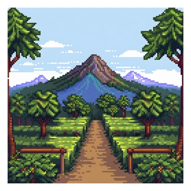 2D forest background with parallax layers, trees, bushes and a distant mountain sticker