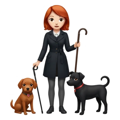 Red headed woman with a cane and a black dog sticker