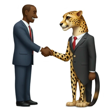 A cheetah in a classic suit shakes hands with a man  sticker