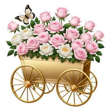 A nostalgic Parisian flower cart, overflowing with freshly picked pale pink roses and white peonies, its golden wheels glistening under the soft glow of lantern light, with pearl butterflies resting on the floral arrangements.
 sticker
