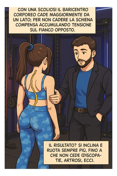 fai questa immagine in versione manga/webtoon a colori, il manga mostra la donna di spalle, mentre l'uomo le tocca la spina dorsale per spiegarle come funziona la scoliosi:
Con una scoliosi il baricentro corporeo cade maggiormente da un lato; per non cadere la schiena compensa accumulando tensione sul fianco opposto.
Il risultato? Si inclina e ruota sempre più, fino a che non cede (discopatie, artrosi, ecc) sticker