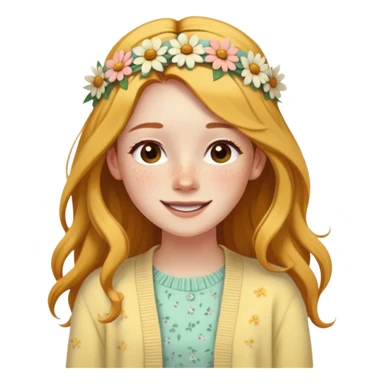 A freckled girl with long hair, a floral headband, and a pastel yellow cardigan, looking joyful. sticker