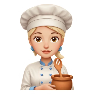 cartoon Apple iOS emoji style woman, pastel colors, Chilean wooden kitchen background, clay pots, warm light, detailed and clean vector art sticker