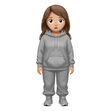 Chica grande  asustada de cuerpo completo mirado a la izquierda con pelo castaño largo y piel blanca  pantalones baggy  grises y hoodie gris  sticker