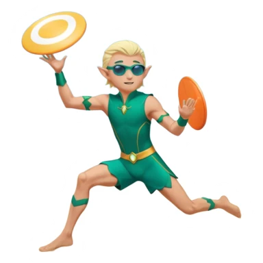 elf male legolas launching a frisbee woven from pure sunlight, wearing sporty teal swim shorts and performance sunglasses, athletic pose, pointy ears, dynamic motion lines, beach sky backdrop, centered emoji sticker