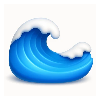 Create a wave emoji that looks exactly like the reference image in classic iOS emoji style. The emoji should be 3D with shiny, smooth gradients, soft shadows, and use blue and white colors to match the classic emoji look. Add a soft shadow under the wave. sticker