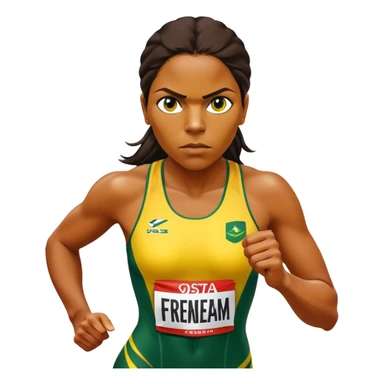 Cinematic Realistic portrait of Cathy Freeman, shown as an iconic Australian sprinter with a focused, determined expression and modern athletic yellow and green attire accented with subtle native motifs, rendered in dynamic, vibrant lighting sticker