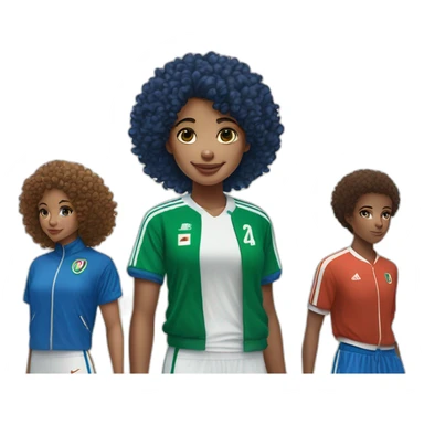 girl curly hair and a Algeria jersey blue and jogging blue, Nike blazer blue and swoosh blue who says goodbye sticker