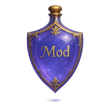 very luxurious crystal elixir bottle in shield shape, color #7986cb, with inscription 'Mod', lots of glow, edges, ornaments, golden details, magical effects, very small golden neck, transparent background, beautiful seamless bottom, bottle clearly floating in air, no base or shadow, modern, fits collection sticker