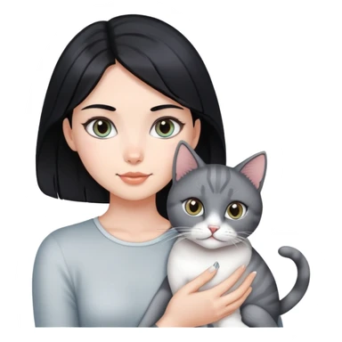 A beautiful black-haired girl holding a silver-colored cat sticker