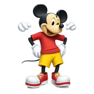 Mickey Mouse wearing red shorts and big yellow shoes, smiling happily. sticker