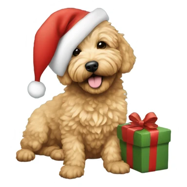 Small golden doodle wearing a Santa hat under a Christmas tree sticker