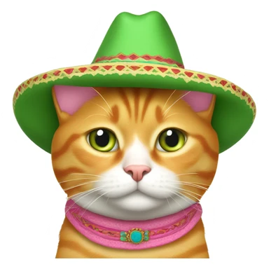 8-year old orange tabby cat with white belly, chest, and lower face. His nose and inside of ears are pink. Light green eyes. No collar but he has a Mexican sombrero on his head. He is fat. He doesn't like wearing the hat. sticker