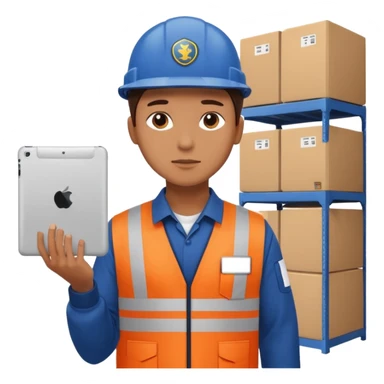 create a realistic emoji shwoing logistic worker controling something with an ipad sticker