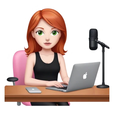 Redhead with green eyes sat at desk with pink MacBook and  podcast microphone black top and pink chair  sticker