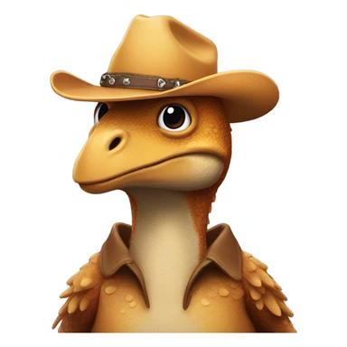 Dinosaur wearing a chicken suit with a cowboy hat sticker