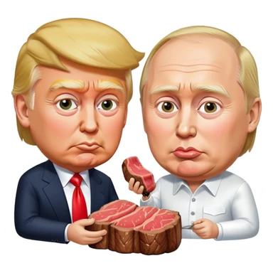 photorealistic Donald Trump and Putin eating a steak shaped like an piece of land sticker