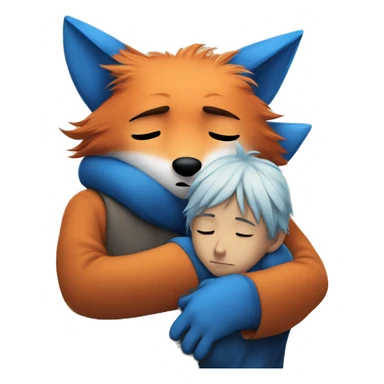 Sad fox being cuddled by blue haired boy in fox mask  sticker
