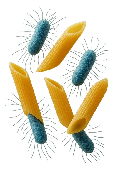 SEI BATTERI intestinALI FLUTTUANO IN ARIA CON PENNE DI PASTA RIGATE, IPERREALISTICO 4K sticker