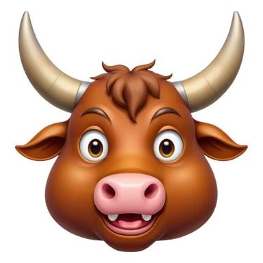 Cinematic Comical Domestic Ox Portrait Emoji, Head tilted dramatically with an exaggeratedly amused expression, featuring a striking, glossy hide with boldly curved horns and wide, expressive eyes brimming with playful disbelief, Simplified yet hilariously expressive features, highly detailed, glowing with a slightly sassy earthy glow, high shine, dramatic yet playful, stylized with an air of cheeky rural mischief, soft glowing outline, capturing the essence of a spirited and over-the-top ox that looks ready to charge its way into internet fame instantly! sticker